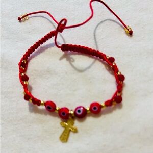 Red Beaded Bracelet with Gold Cross Charm